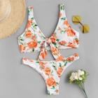 Romwe Random Floral Knot Front Top With Low Rise Bikini