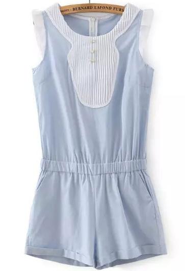 Romwe Round Neck Denim Pleated Elastic Waist Jumpsuit