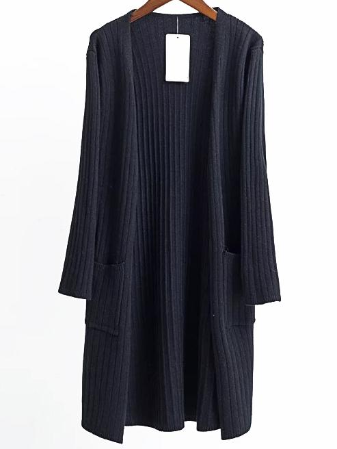 Romwe Black Collarless Ribbed Long Pocket Cardigan