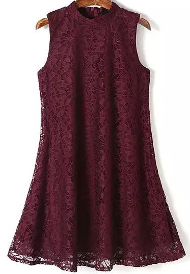 Romwe Stand Collar Lace Flare Wine Red Dress