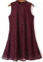 Romwe Stand Collar Lace Flare Wine Red Dress