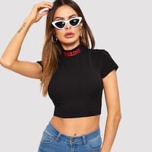 Romwe Letter Print Neck Crop Knit Tee