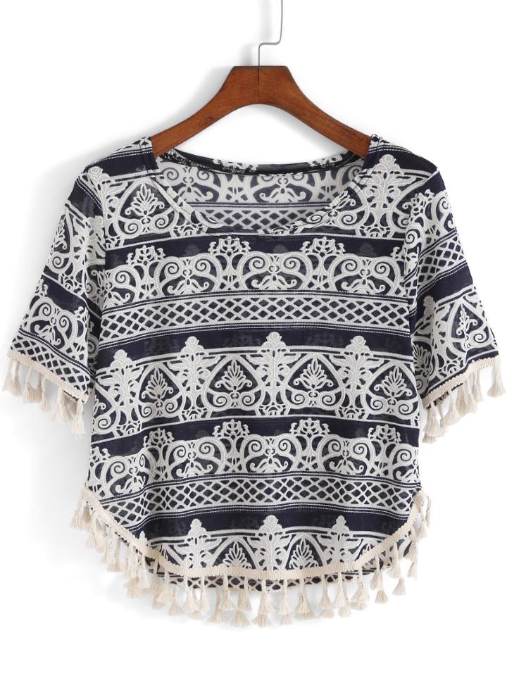 Romwe Royal Blue Short Sleeve Tassel Crop T-shirt