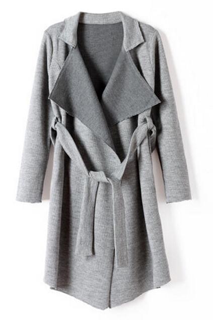 Romwe Lapel Belted Slim Cool Knitted Coat
