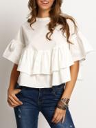 Romwe White Crew Neck Ruffle Loose Crop Blouse