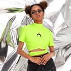 Romwe Neon Lime Moon Print Cut Out High Neck Tee