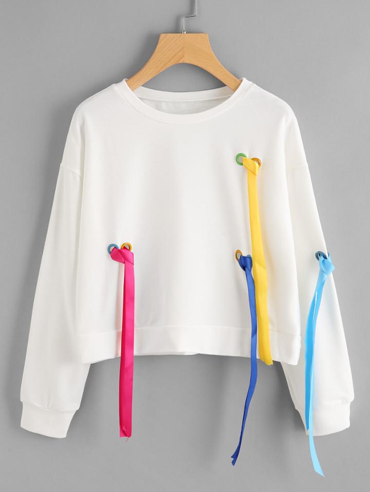 Romwe Drop Shoulder Ring Detail Colorful Strap Sweatshirt
