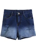 Romwe Navy Ombre Ripped Denim Shorts