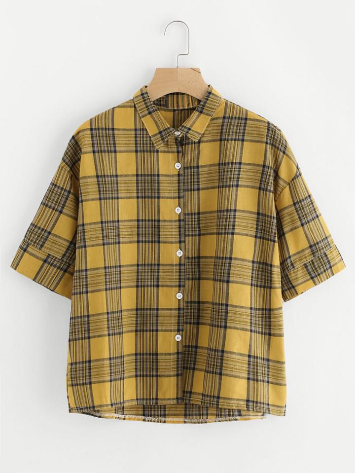 Romwe Checked Dip Hem Shirt