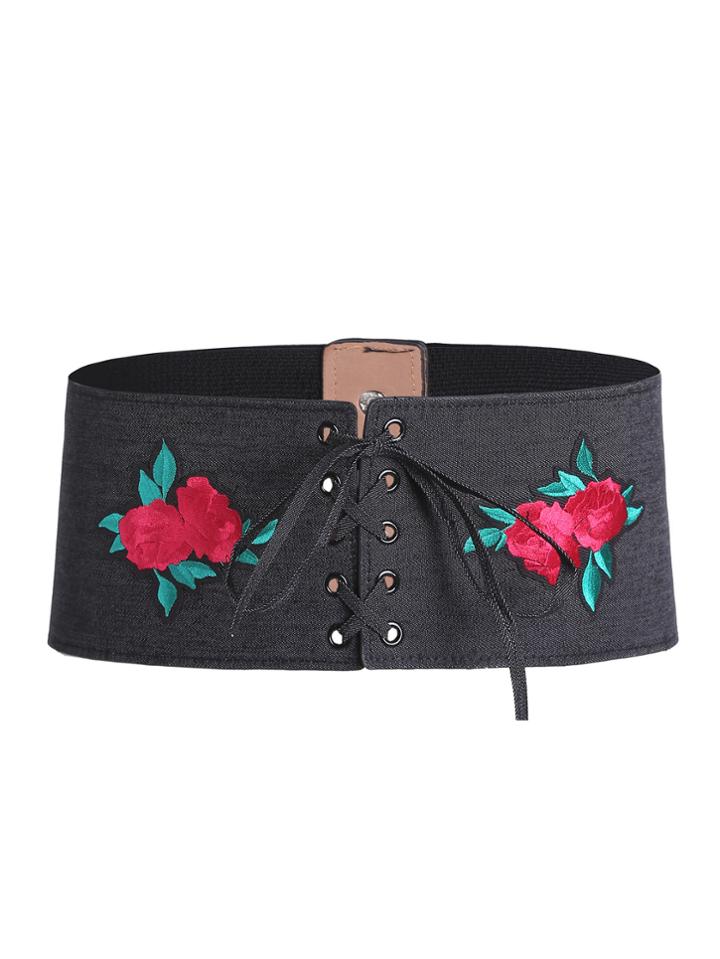 Romwe Flower Embroidery Eyelet Lace Up Corset Belt