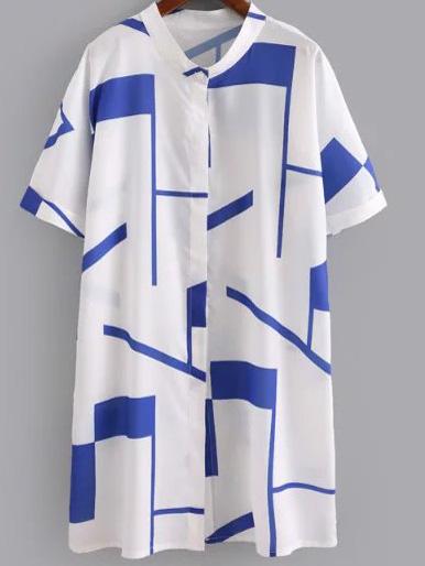 Romwe Blue Short Sleeve Buttons Front Geometric Print Dress