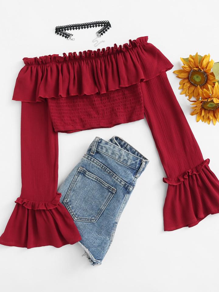 Romwe Trumpet Sleeve Shirred Flounce Bardot Top