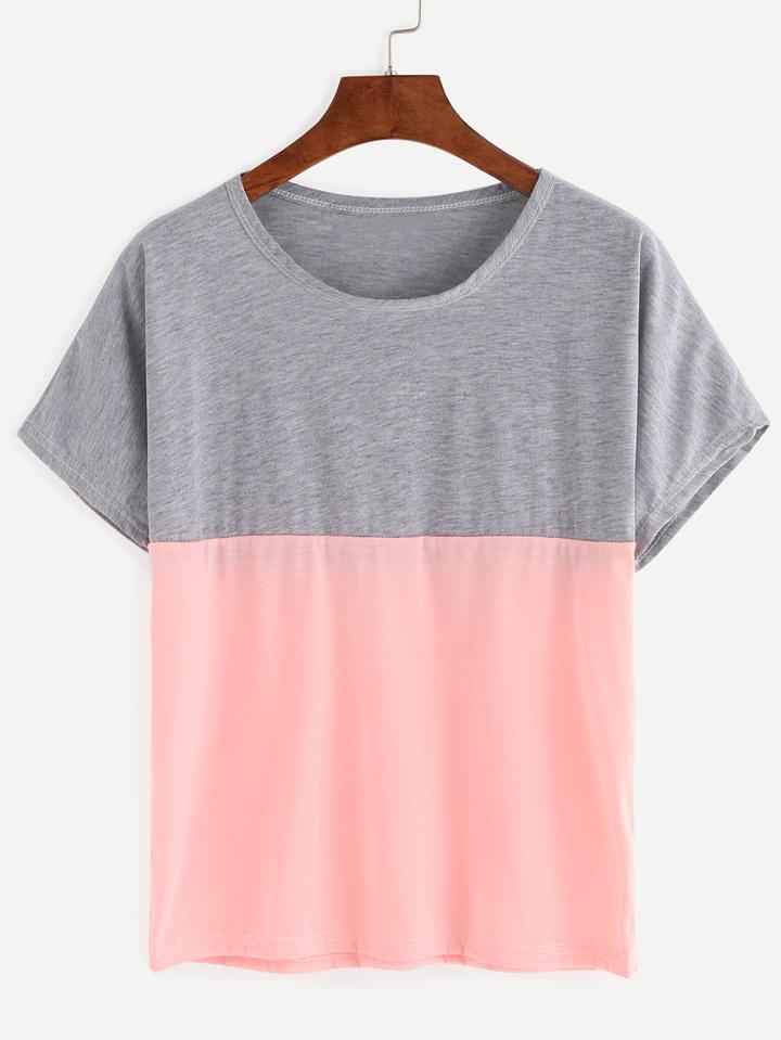 Romwe Grey And Pink Color Block Loose T-shirt