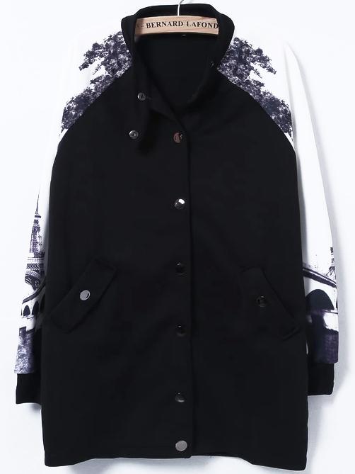 Romwe Tower Print Single Breasted Black Coat