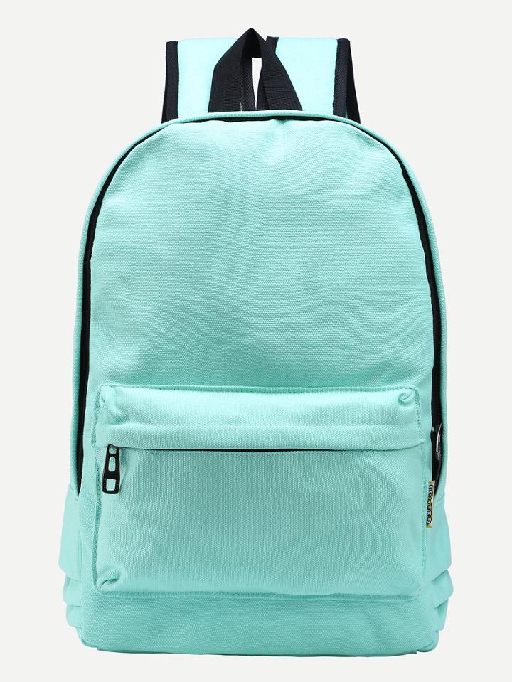 Romwe Mint Green Zip Closure Canvas Backpack