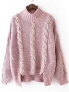 Romwe High Neck Cable Knit Dip Hem Pink Sweater