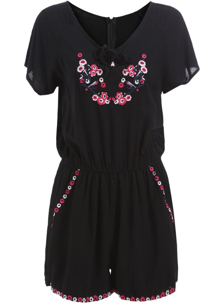 Romwe Short Sleeve Embroidered Black Romper