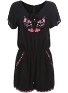 Romwe Short Sleeve Embroidered Black Romper
