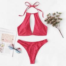 Romwe Cut-out Random Gingham Bikini Set