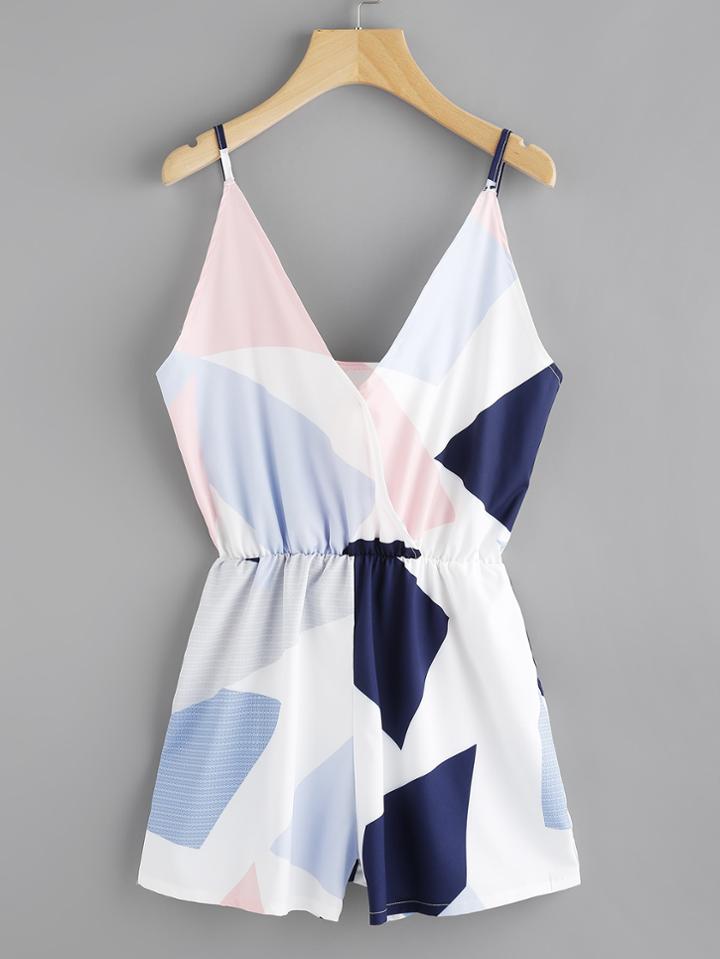 Romwe Random Geo Print Surplice Neckline Cami Playsuit