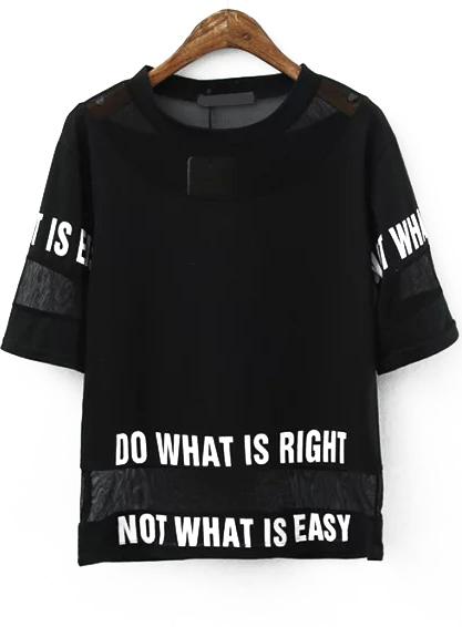 Romwe With Sheer Mesh Letter Print Black T-shirt