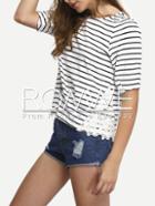 Romwe Breton Stripe Crochet Side T-shirt