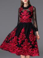 Romwe Red Round Neck Long Sleeve Contrast Gauze Lace Dress