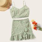 Romwe Knot Back Ditsy Floral Cami Top & Wrap Skirt Set