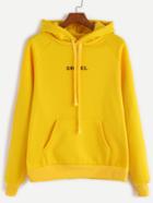 Romwe Yellow Letter Print Raglan Sleeve Hooded Pocket Sweatshirt