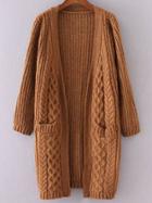 Romwe Khaki Collarless Cable Knit Pocket Sweater Coat