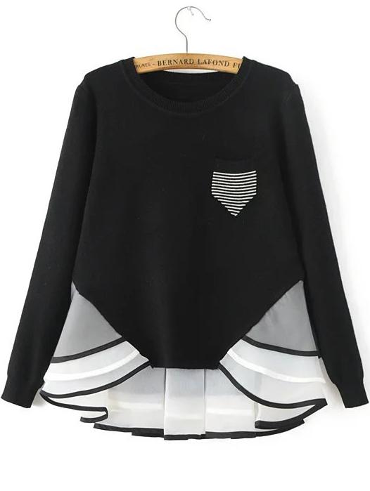 Romwe Black Striped Contrast Hem Pocket Knitwear