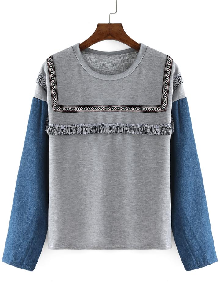 Romwe Contrast Denim Loose Grey Sweatshirt