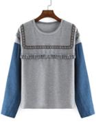 Romwe Contrast Denim Loose Grey Sweatshirt