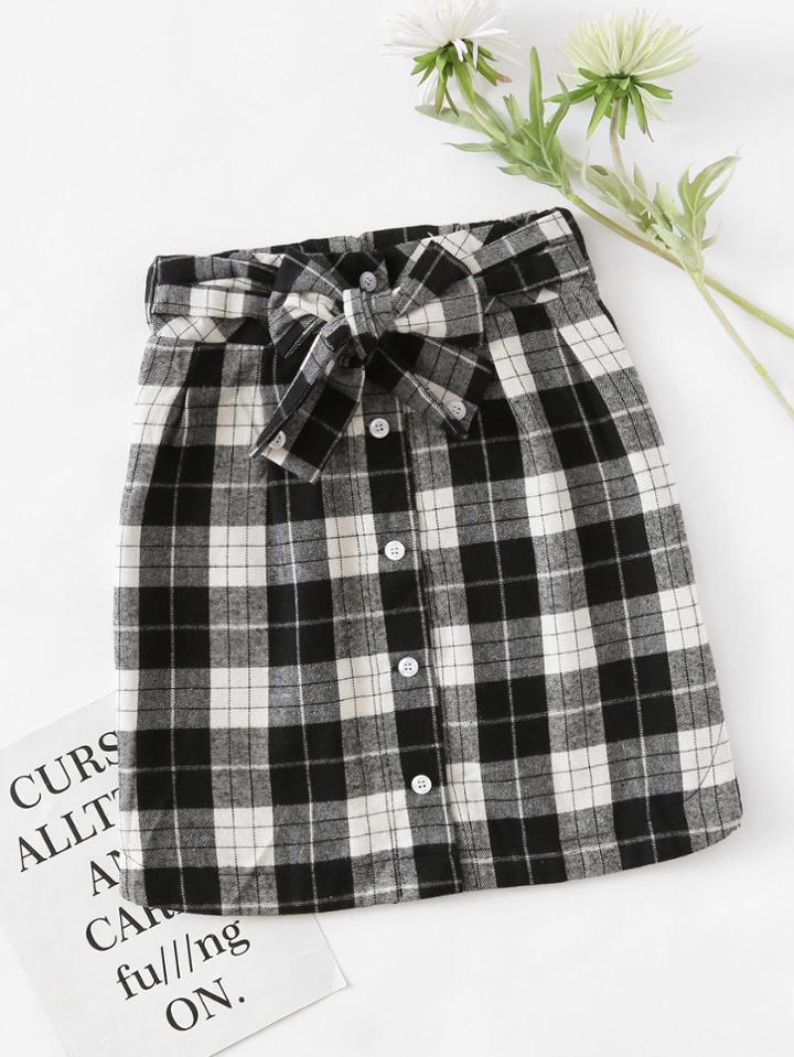 Romwe Checked Self Tie Waist Button Front Skirt