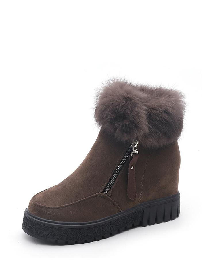 Romwe Side Zipper Faux Fur Wedge Boots