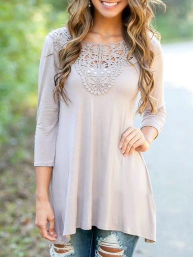 Romwe Round Neck Floral Crochet Grey T-shirt