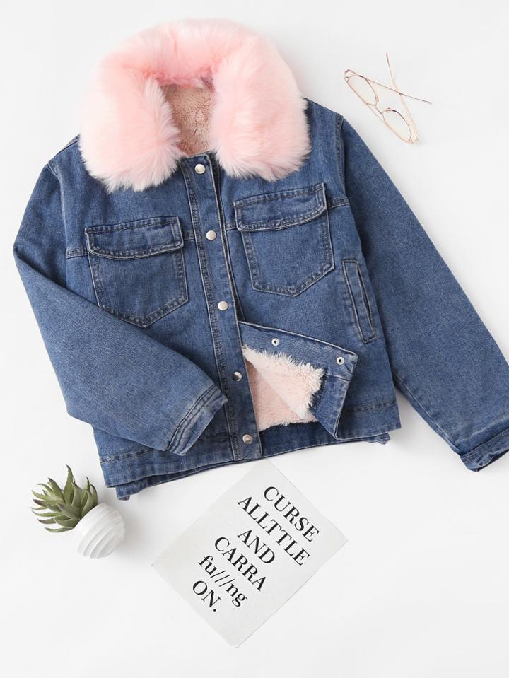 Romwe Detachable Fleece Neckline Denim Jacket