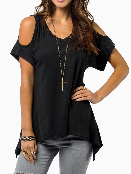 Romwe Black Open Shoulder Asymmetrical Hem T-shirt