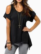 Romwe Black Open Shoulder Asymmetrical Hem T-shirt