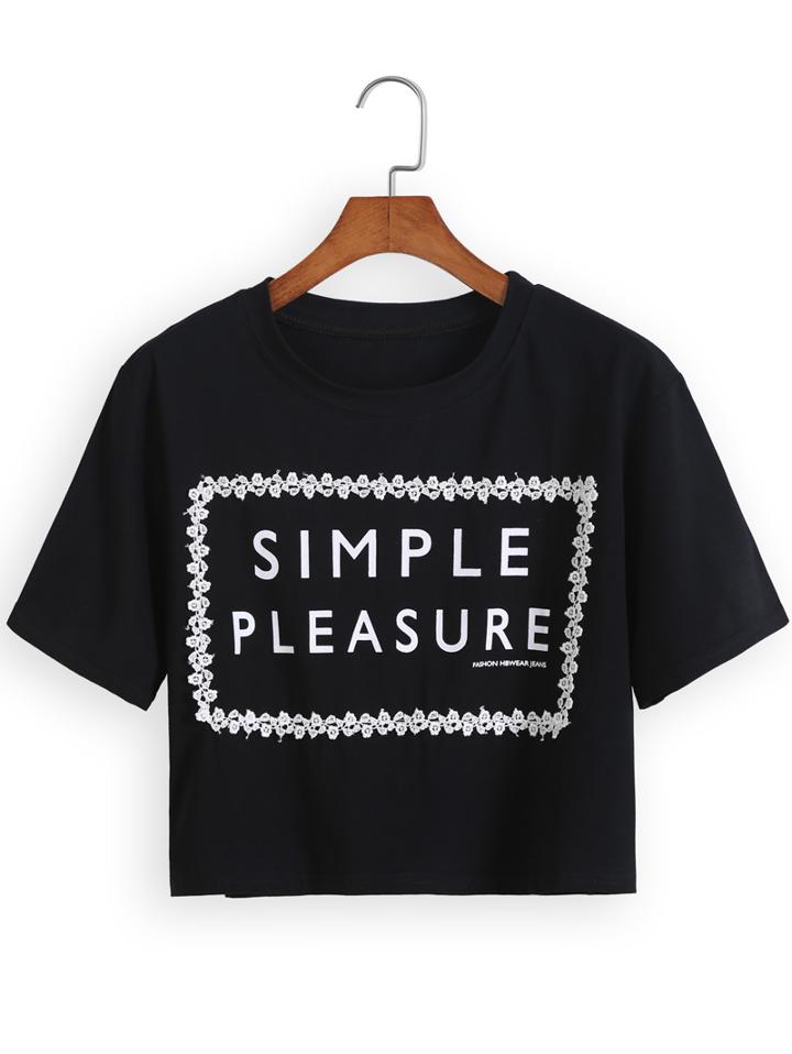 Romwe With Lace Letter Print Black T-shirt