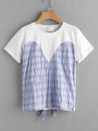 Romwe Contrast Checked Self Tie Back Tee