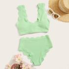 Romwe Scallop Trim High Waist Textured Bikini Set