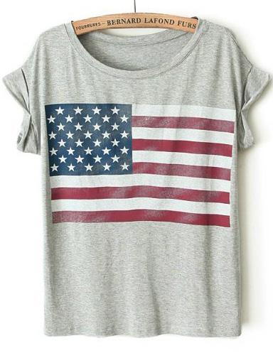 Romwe American Flag Print Grey T-shirt