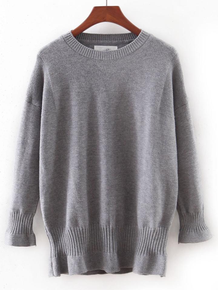 Romwe Grey Elastic Cuff Plain Slim Sweater