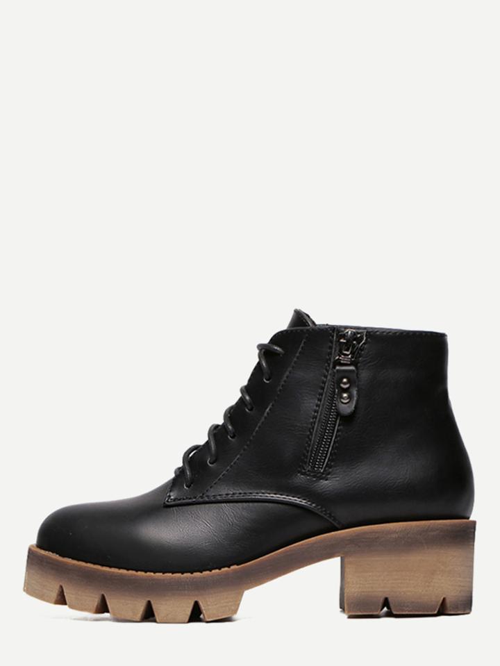 Romwe Black Faux Leather Lace Up Side Zipper Boots