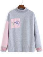 Romwe High Neck Embroidered Loose Grey Sweatshirt