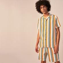 Romwe Guys Revere Collar Striped Shirt And Short Set