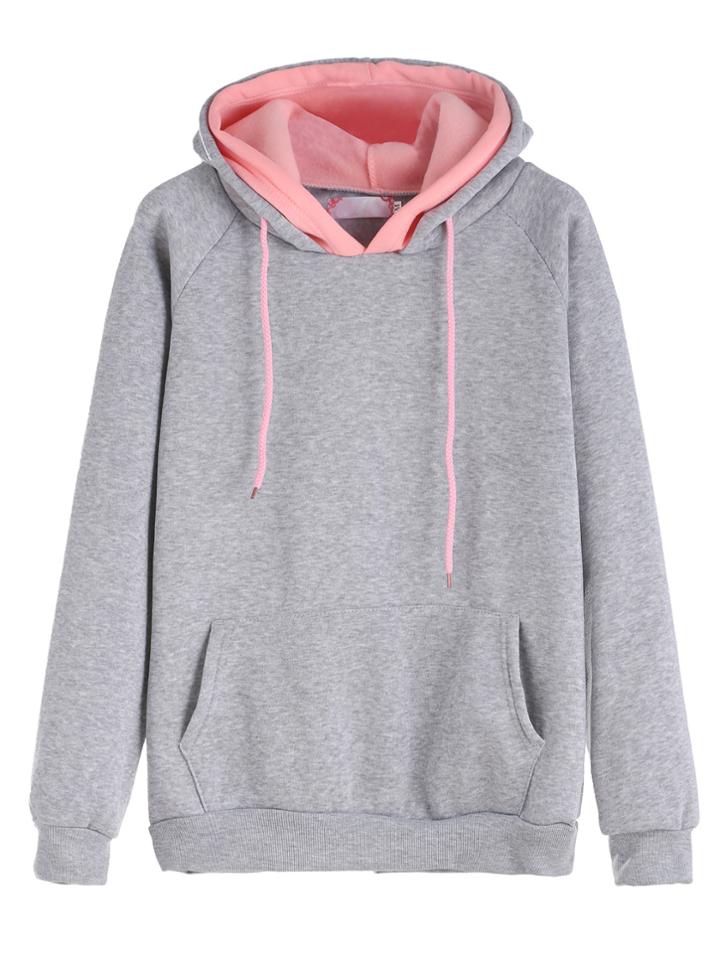 Romwe Grey Raglan Sleeve Drawstring Hooded Sweatshirt With Contrast Lining