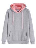 Romwe Grey Raglan Sleeve Drawstring Hooded Sweatshirt With Contrast Lining