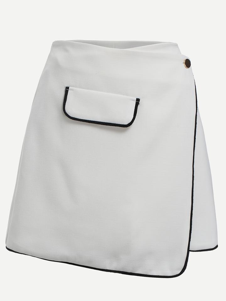 Romwe Contrast Trim Faux Pocket Wrap Skirt - White